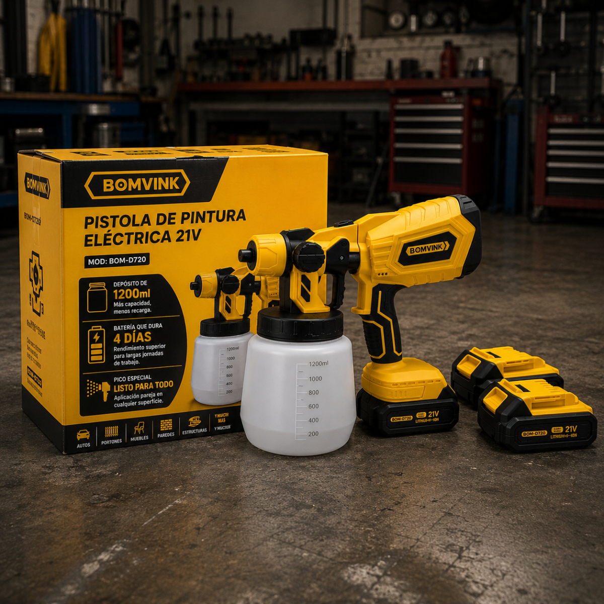 Pistola de Pintura Eléctrica Inalámbrica 1200ml BiVolt con Picos Especiales + REGALO: 2 Baterías de Repuesto