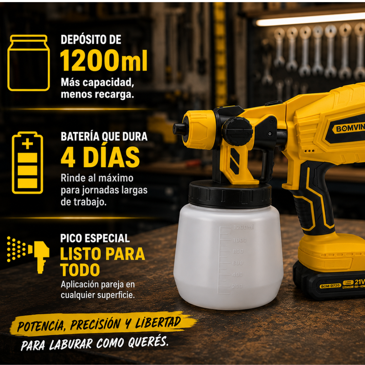 Pistola de Pintura Eléctrica Inalámbrica 1200ml BiVolt con Picos Especiales + REGALO: 2 Baterías de Repuesto