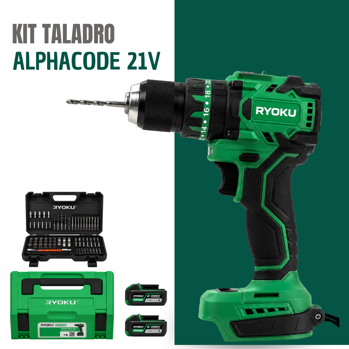 Kit Completo de Taladro y Atornillador Profesional AlphaCode + REGALO: 2 Baterías y Maletín con Accesorios