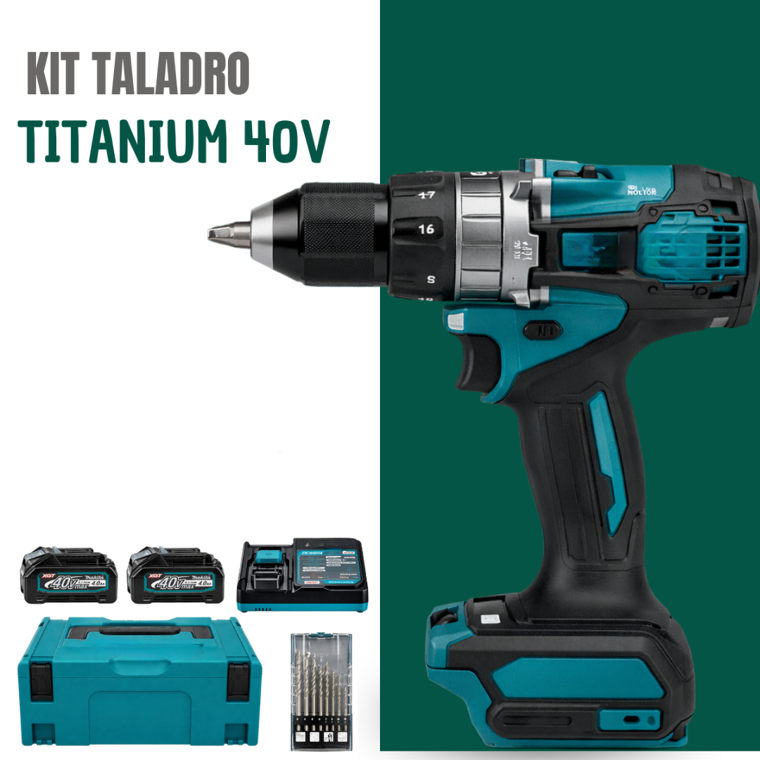 Kit Taladro y Atornillador Profesional 40V Titanium Completo + Maleta, Batería Extra, Base de Carga y Kit de Mechas
